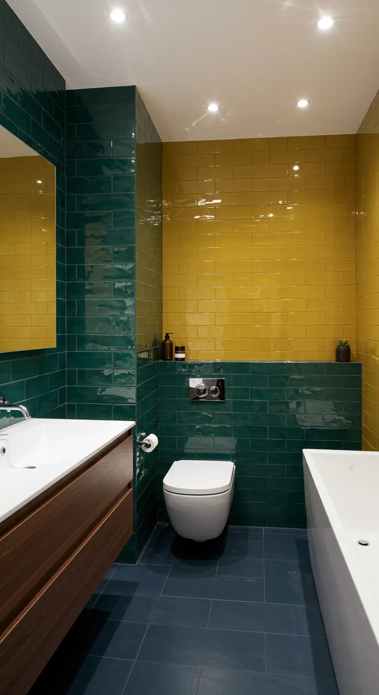 Bathroom with emerald green and mustard yellow tiled walls, navy floor, and wooden vanity.