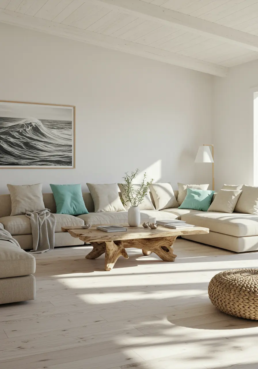 Sunlit living room with large sectional sofa, driftwood coffee table, light wood floors, and a simple pouf.