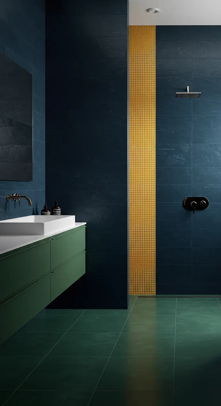 Bathroom with deep navy tiled walls, emerald green floor, yellow mosaic strip, and green vanity.