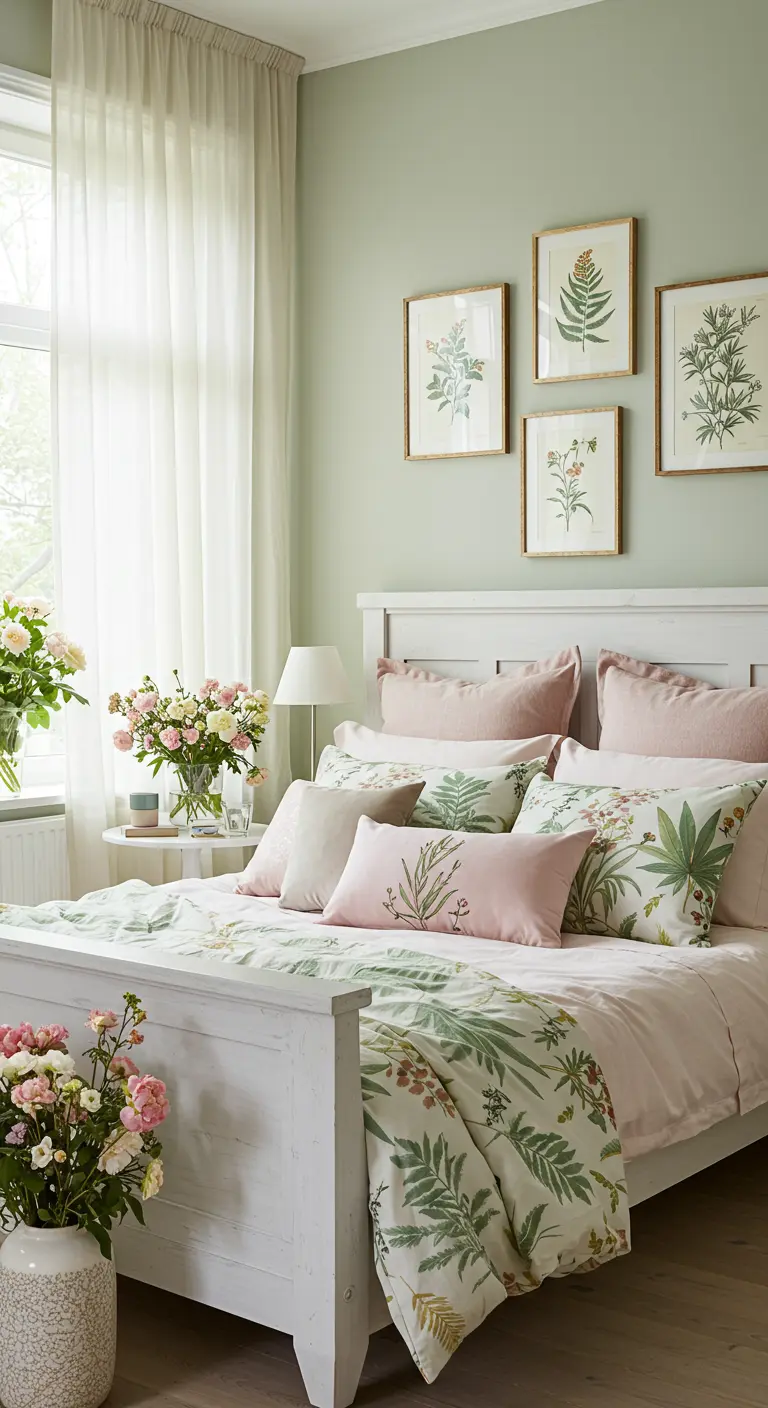 Soft green bedroom with botanical print bedding, framed botanical art, and fresh flowers.