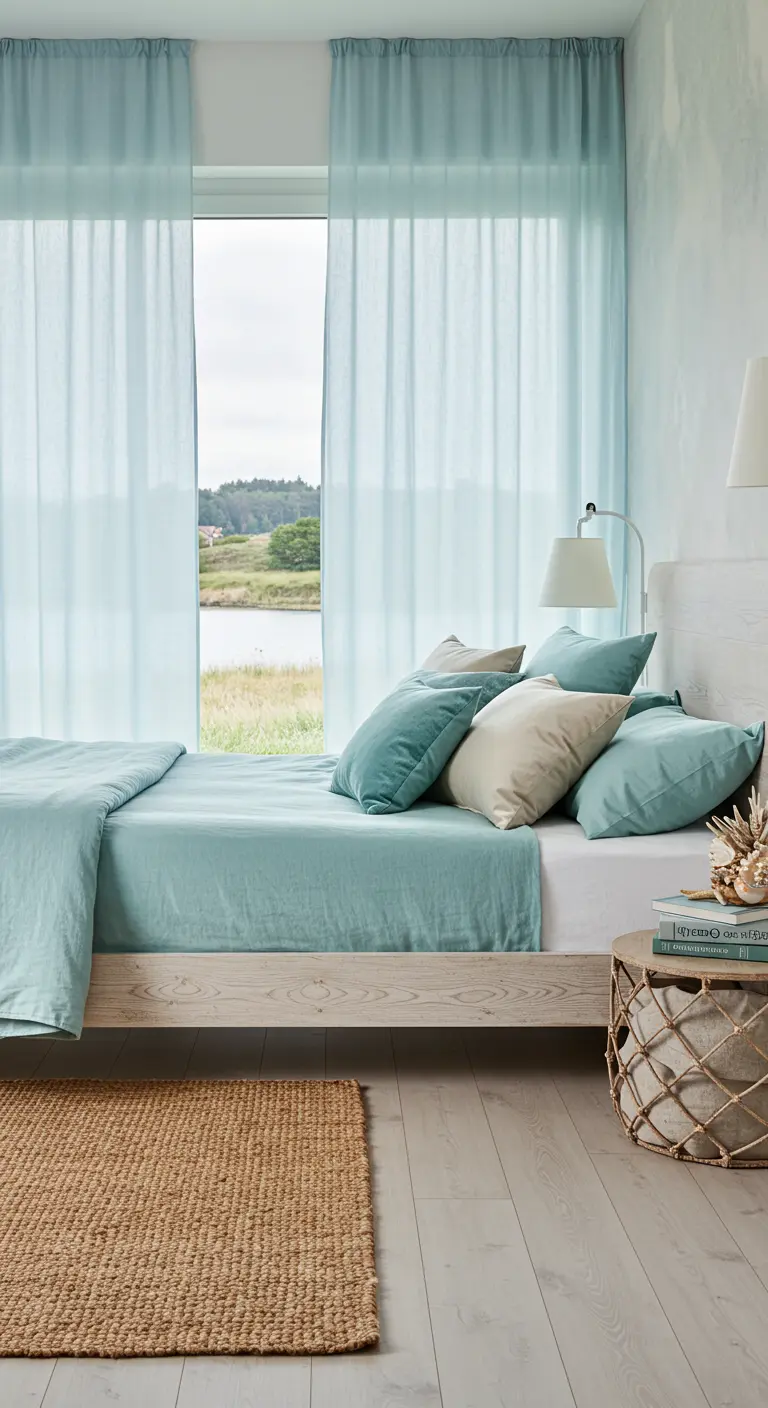 Coastal bedroom with aqua bedding, sheer blue curtains, and a natural jute rug.