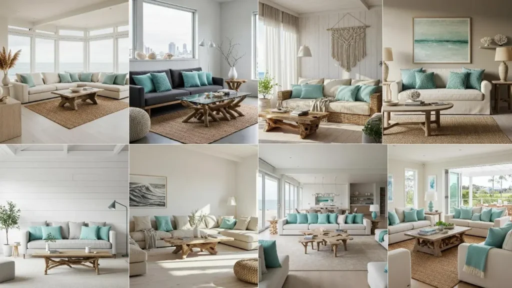 Coastal minimalist living rooms with driftwood tables, soft aqua pillows, and serene, calm decor.
