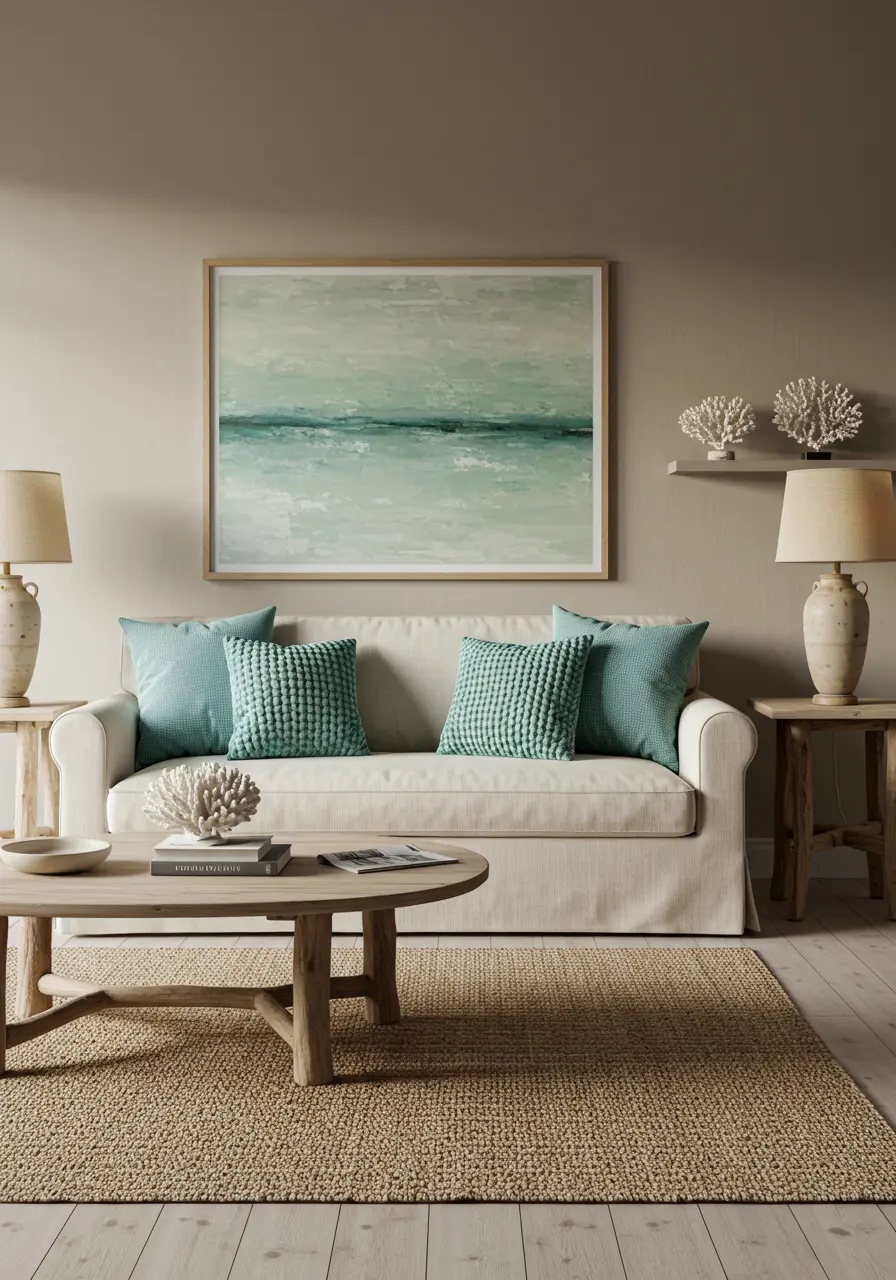 Living room with beige sofa, abstract coastal art, two lamps, and aqua throw pillows.