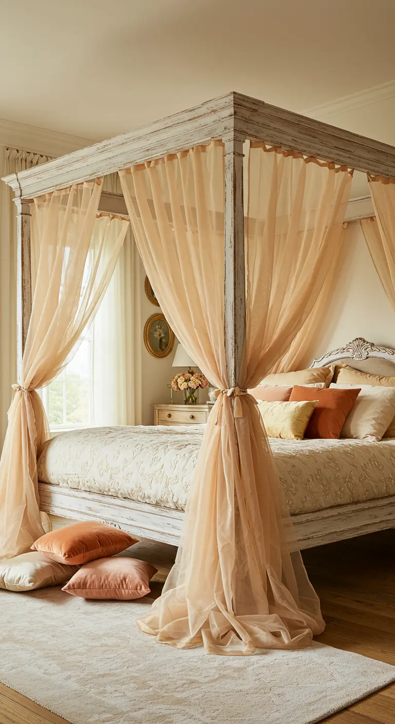 Distressed wooden four-poster bed with warm peach sheer drapes and layered pillows.