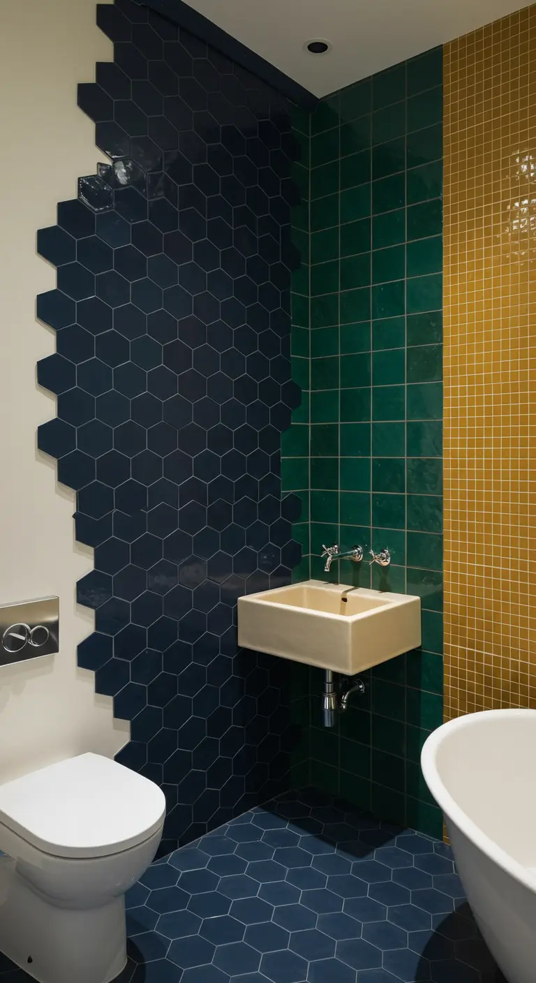 Bathroom with diagonal navy hexagon tiles, green subway, and yellow mosaic tiles.
