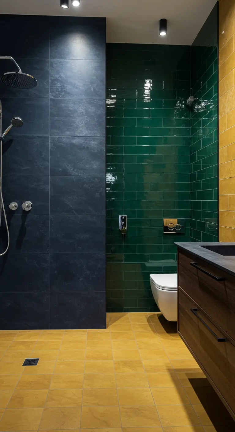 Bathroom with mustard yellow floor, navy shower, emerald green tiled wall, dark wood vanity.