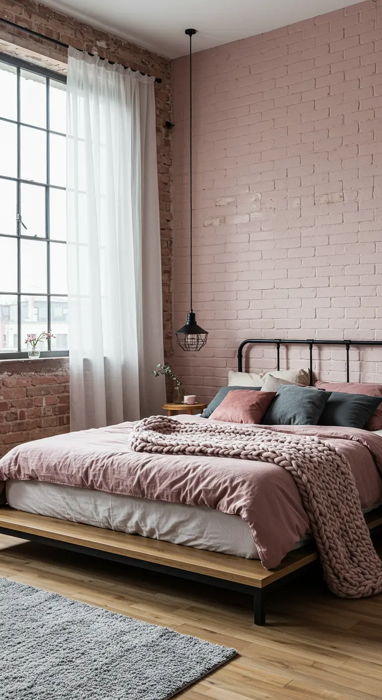 Industrial chic bedroom with exposed pink brick wall, metal bed, and pink linen bedding.