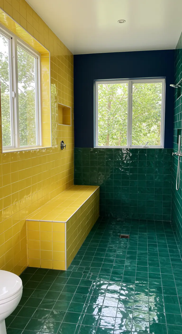 Bathroom with yellow and green subway tiles, navy wall, and a yellow tiled shower bench.