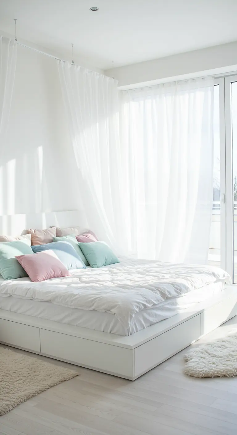 Light-filled white bedroom with sheer white drapes, a modern white bed, and pastel pillows.