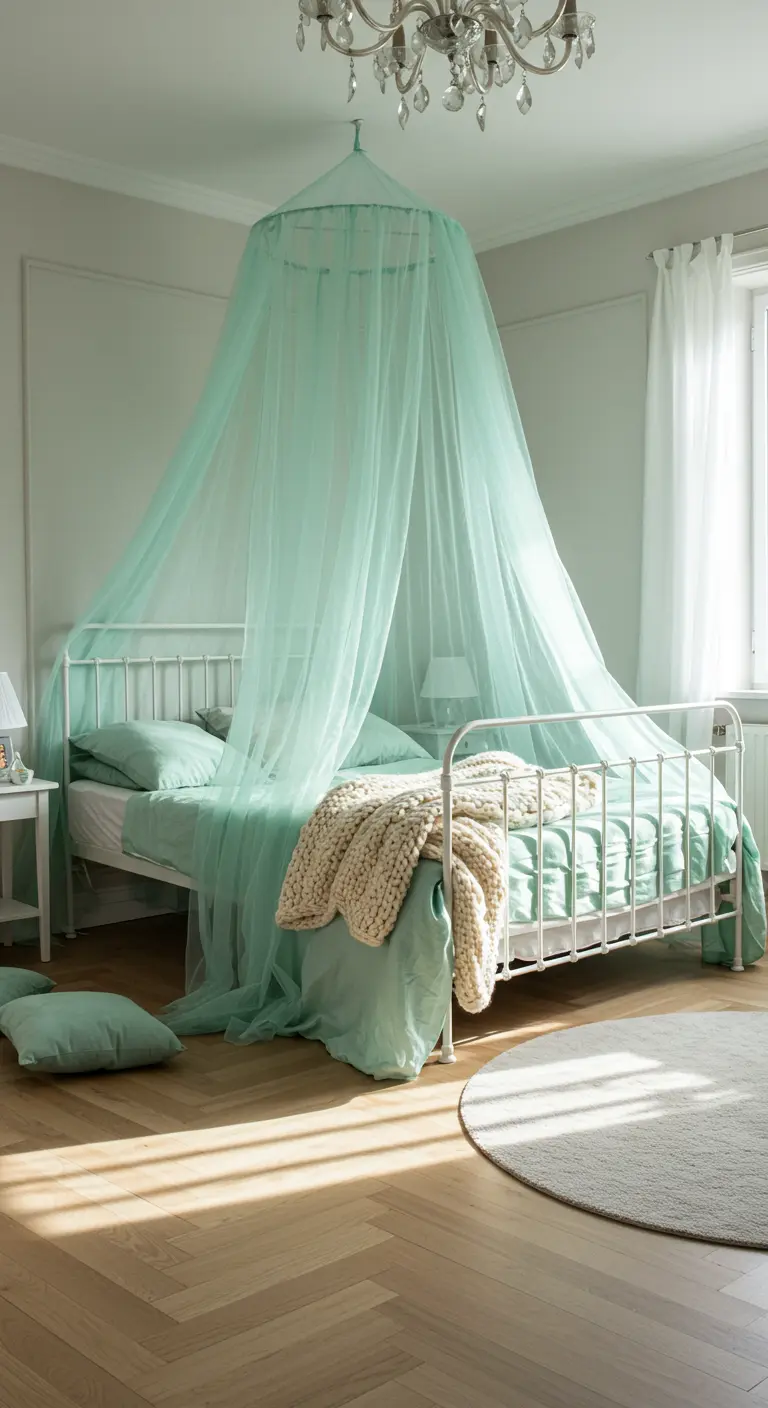 Mint green bed canopy over a white metal bed with a chunky knit throw and round rug.
