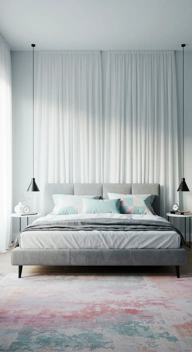 Modern bedroom with a grey bed, full white sheer curtains, and pastel geometric pillows.