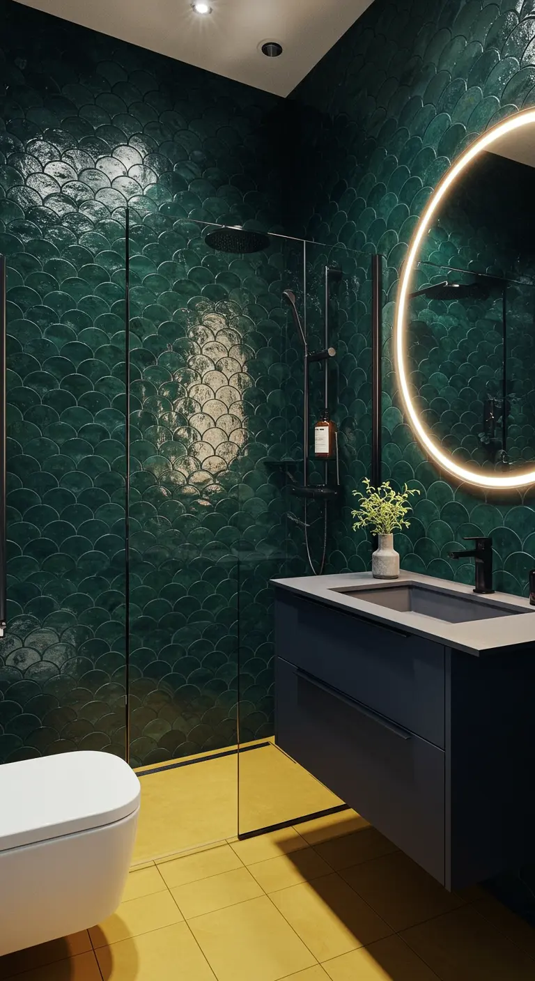 Bathroom with emerald green scallop tiles, mustard yellow floor, navy vanity, and round mirror.