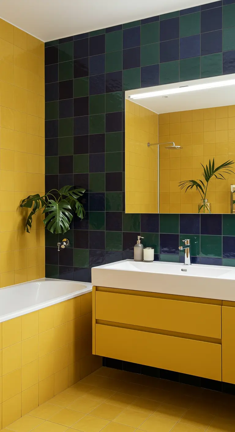 Bathroom with green and navy checkerboard wall, yellow tiled floor, and yellow vanity.