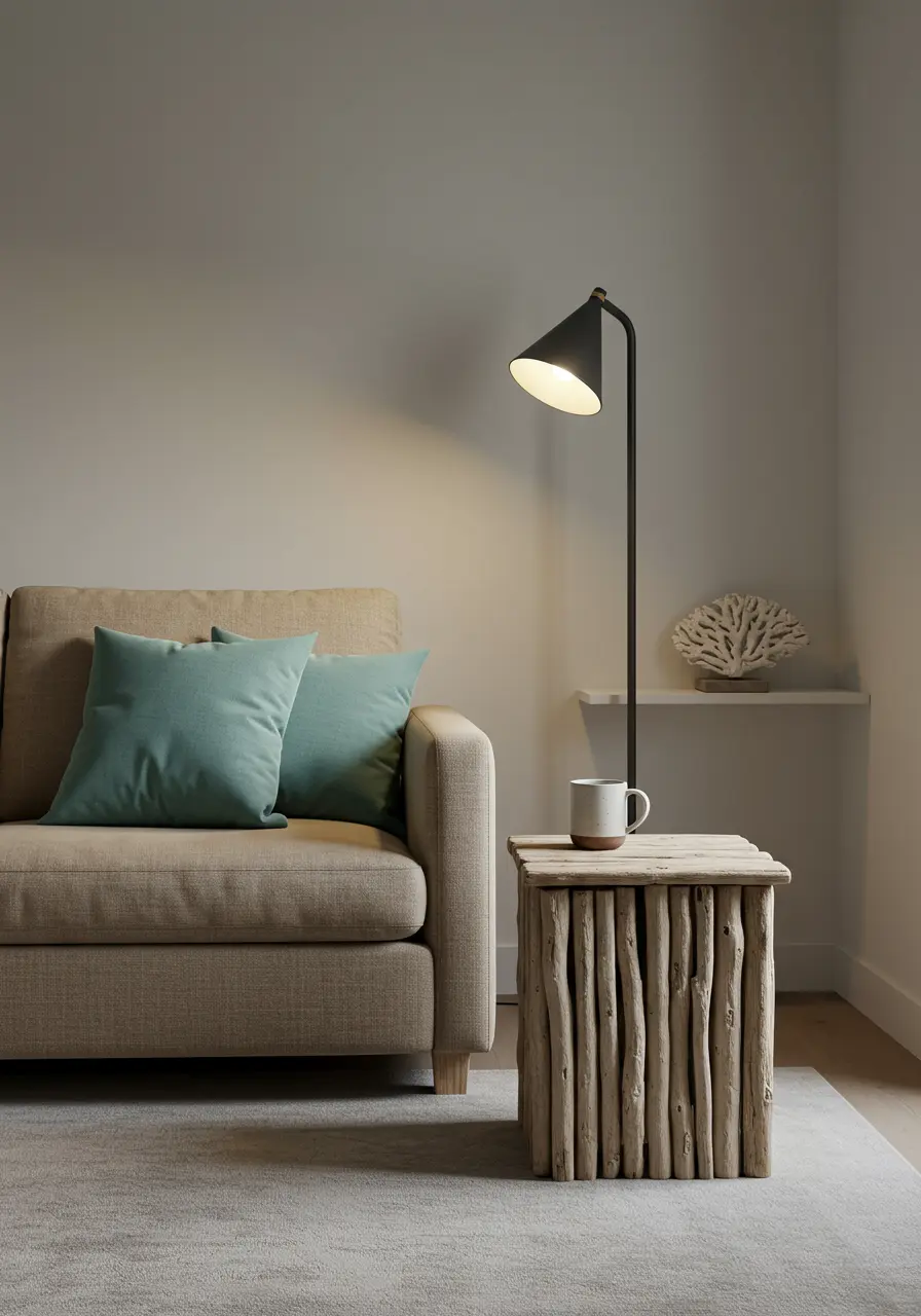 Sofa side with a modern black floor lamp and a unique driftwood block side table holding a white mug.