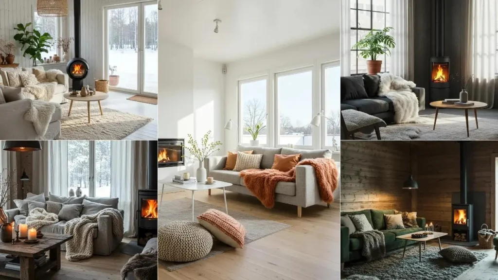 Cozy Scandinavian winter living rooms with faux fur throws, minimalist fireplaces, and inviting decor.
