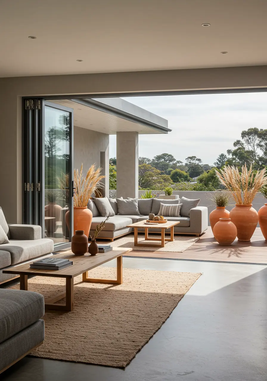 Open-plan living room extending to a patio, with grey sectional and terracotta vases.
