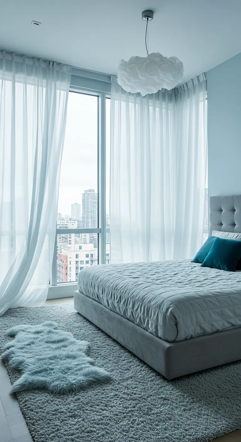 Blue and grey bedroom with large sheer white curtains, a cityscape view, and a faux fur rug.