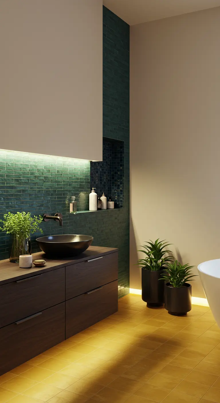 Bathroom with dark wood vanity, bowl sink, plants, emerald wall accent, and yellow floor.