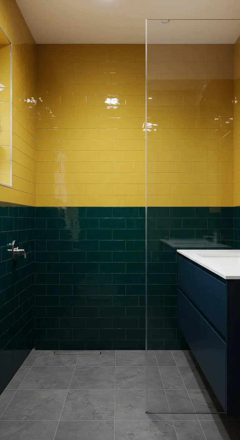 Bathroom with yellow and emerald green tiled walls, navy floating vanity, and grey floor.