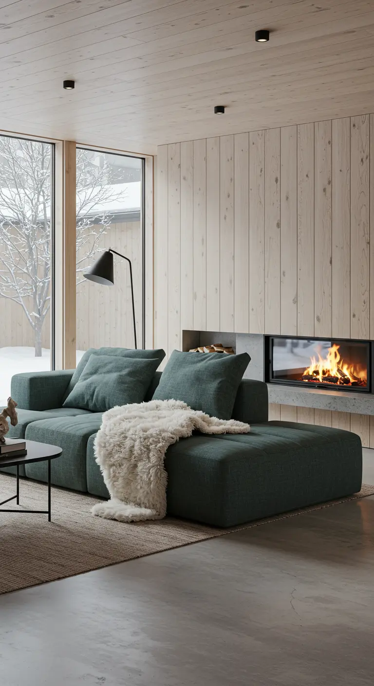 Modern living room with large green sectional sofa and white faux fur throw.