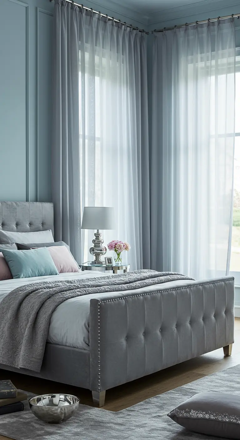 Elegant grey bedroom with a tufted velvet bed, sheer grey curtains, and pastel accent pillows.
