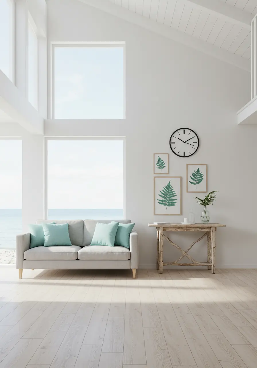 Minimalist living room with high ceilings, large windows, a simple grey sofa, and botanical art.