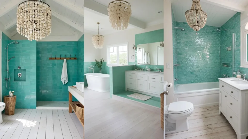 Three beach house bathrooms featuring whitewashed floors, aqua tiles, and elegant shell chandeliers.
