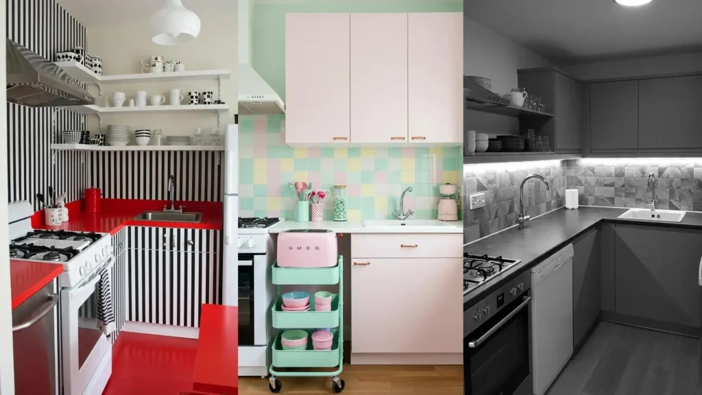 Three chic rental kitchens showcasing peel-and-stick tiles, countertop covers, and open storage solutions for small spaces.