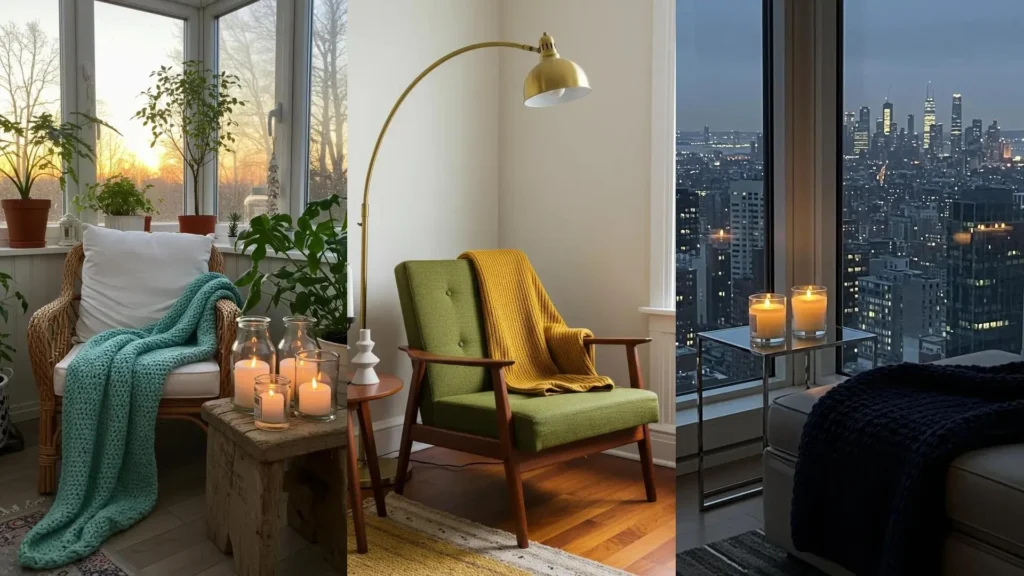 Various cozy hygge living room corners featuring soft knitted throws, warm lighting, and glowing candles.