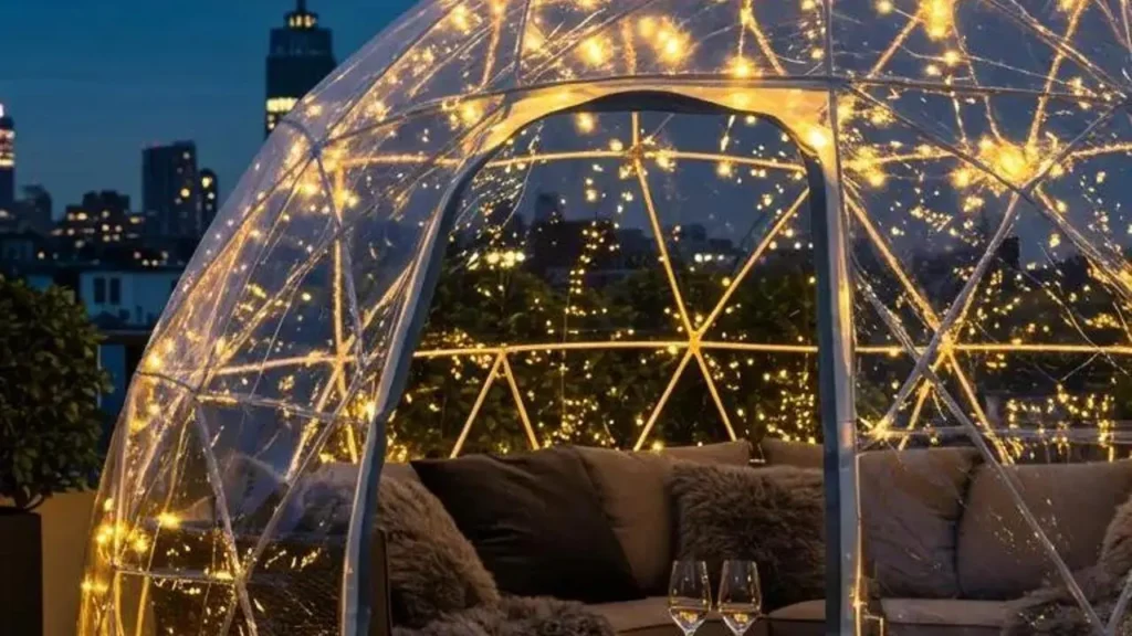 Cozy igloo-style patio pod with warm fairy lights, plush faux fur, and wine glasses on a city terrace at night.