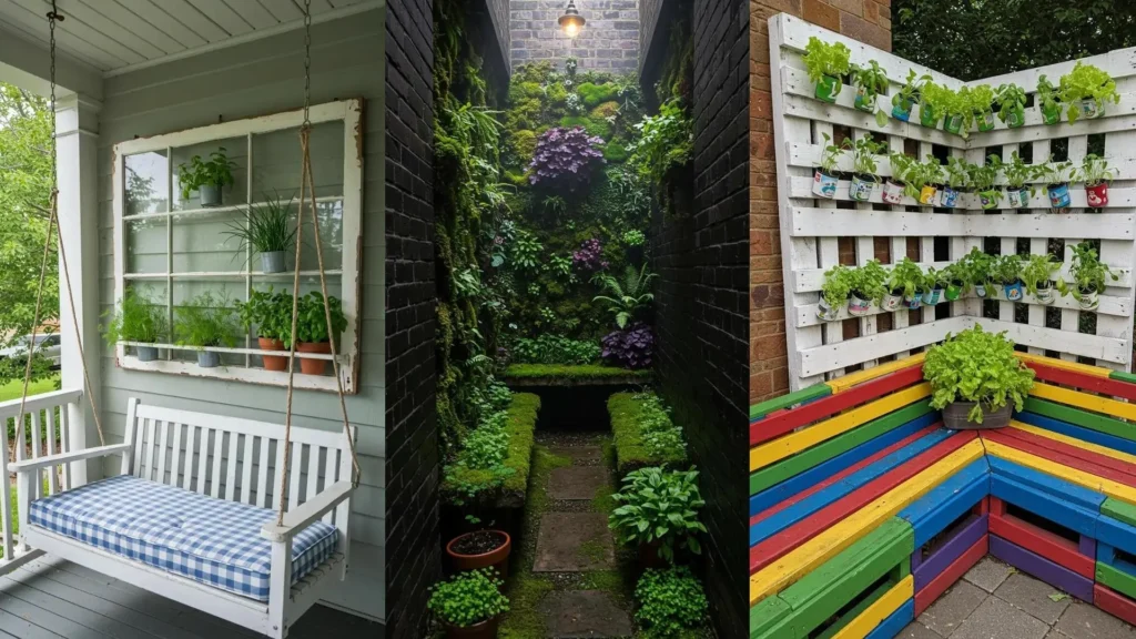 Cozy urban garden nooks with bench seating, framed plant walls, and potted herbs displayed in various settings.