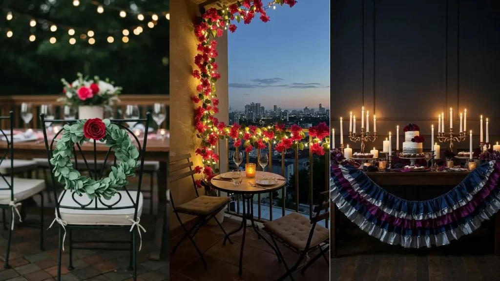 Romantic party decor with floral garlands, string lights, and a vintage style dessert table.