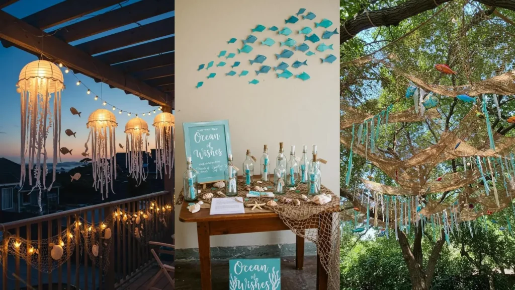 DIY under the sea party decor featuring creative crafts with jellyfish lanterns, fishing nets, seashells, and paper fish.