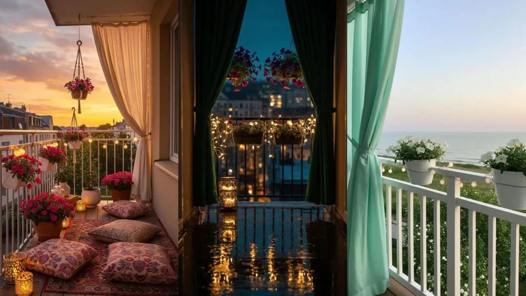 Dreamy city garden balconies with soft drapes, hanging petunias, and subtle fairy lights for urban decor inspiration.