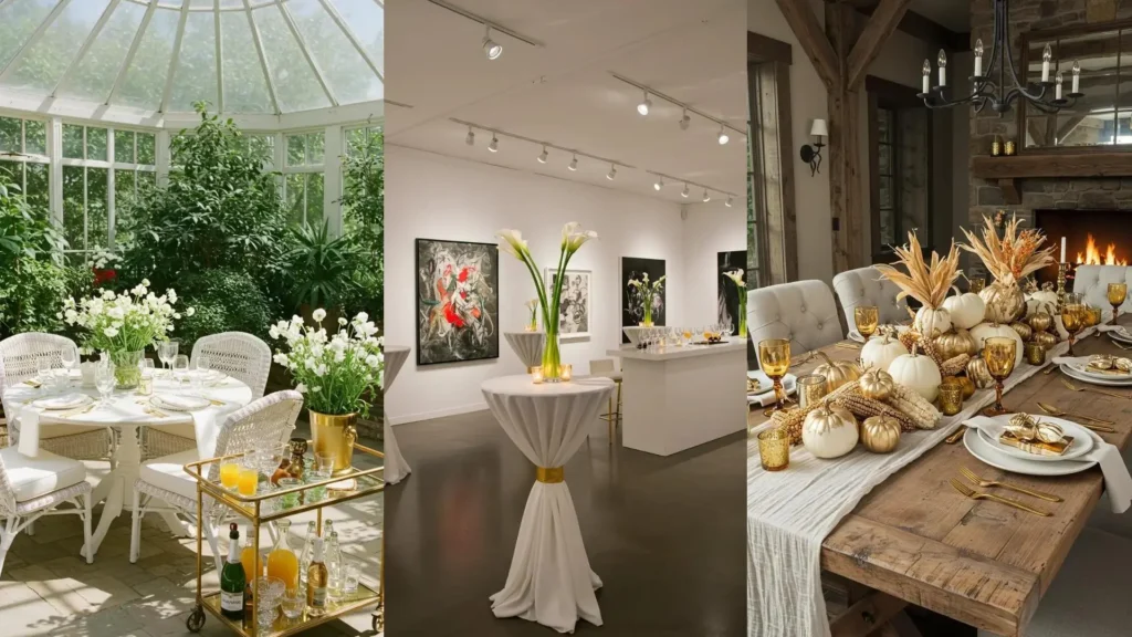 Elegant white and gold party decor scenes for year-round celebrations, featuring dining tables and event setups.