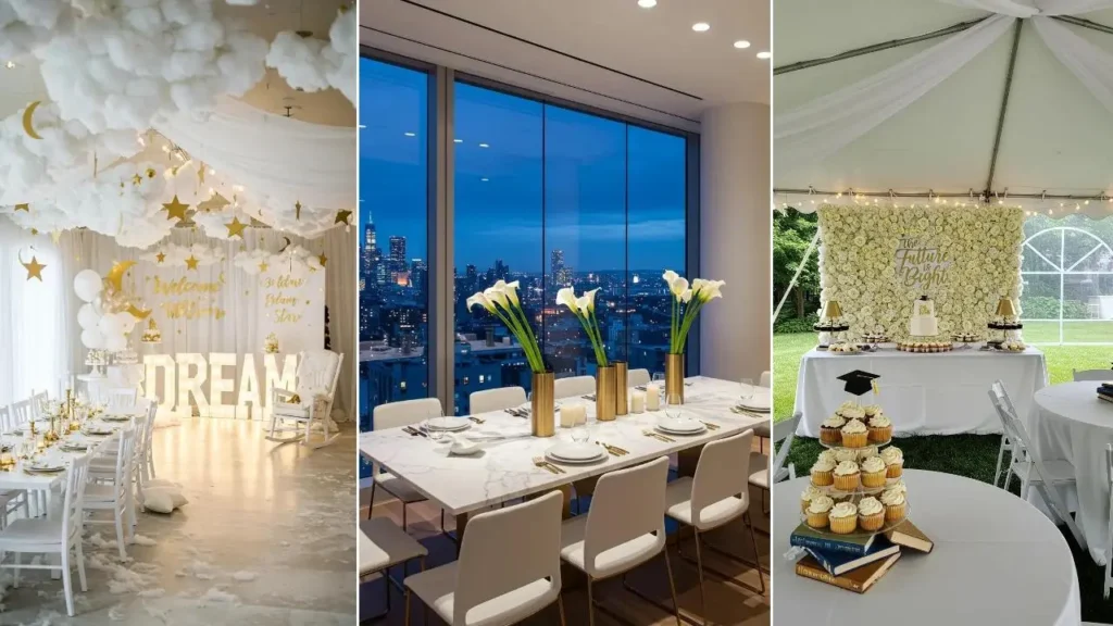 Elegant white and gold party decor ideas for sophisticated year-round celebrations.