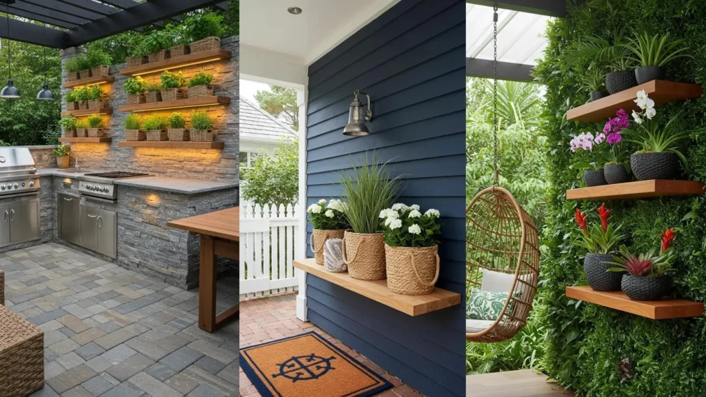 Floating teak wood shelves with illuminated woven basket herb planters in an outdoor kitchen area.