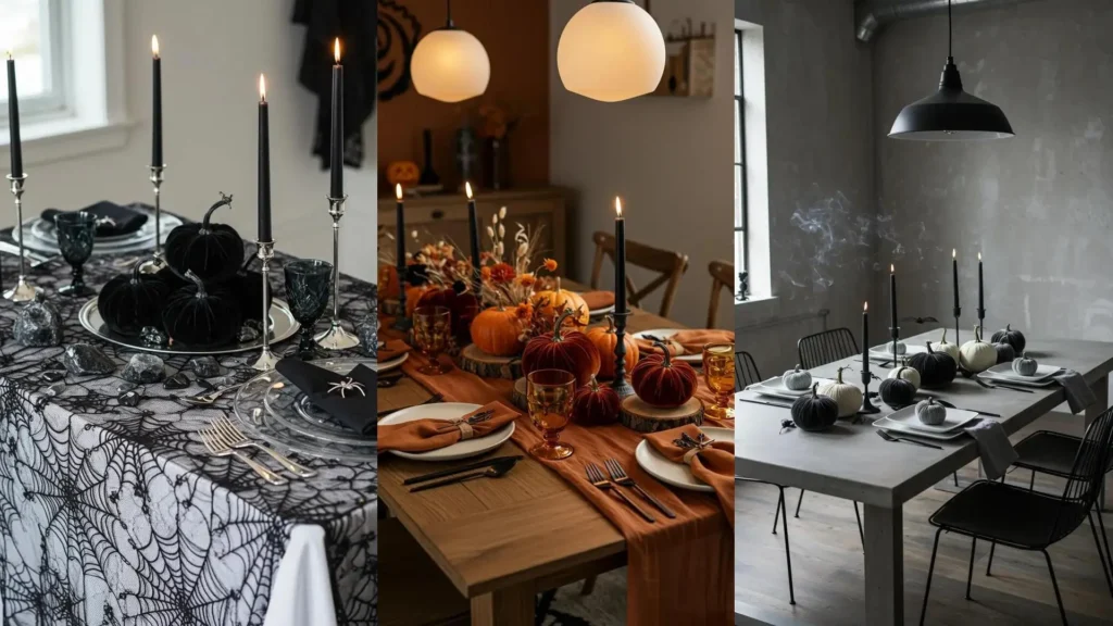 Glam Halloween tablescapes with velvet pumpkins and flickering black candles for stylish party decor.