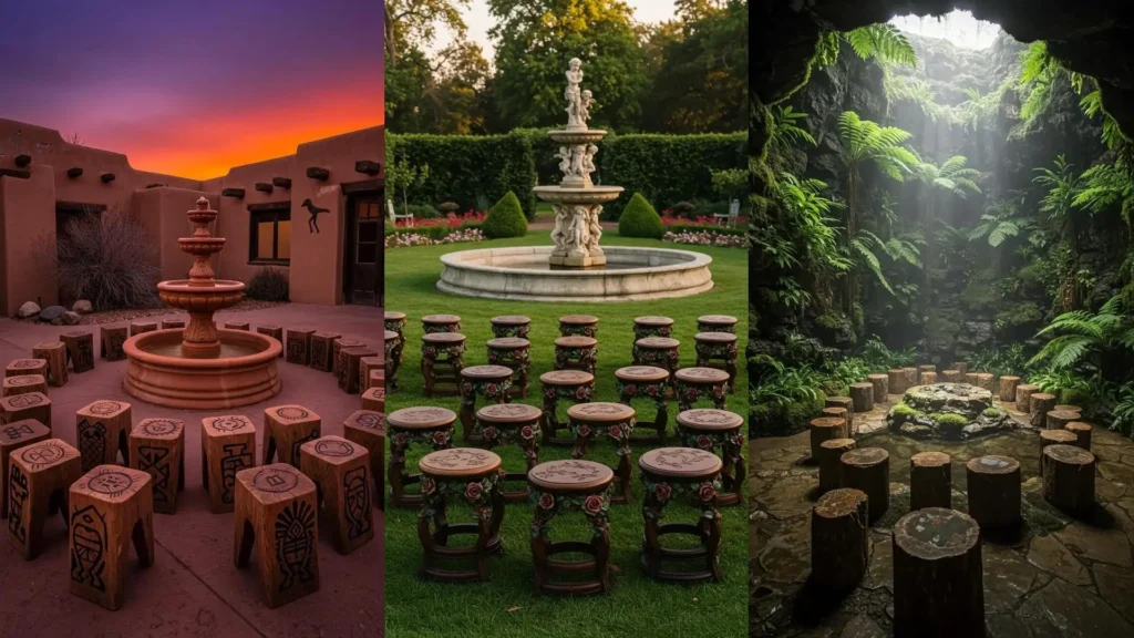 Twenty hand-carved wooden stools surround a central stone water feature, perfect for garden decoration.