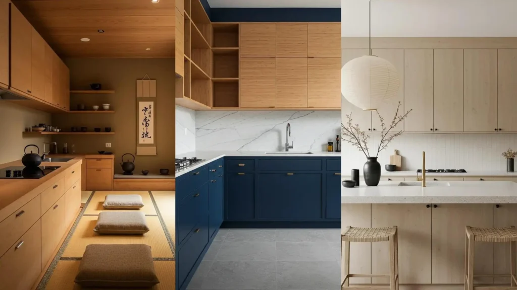 Japandi kitchens combining zen simplicity & Scandinavian warmth with wood tones & natural elements.