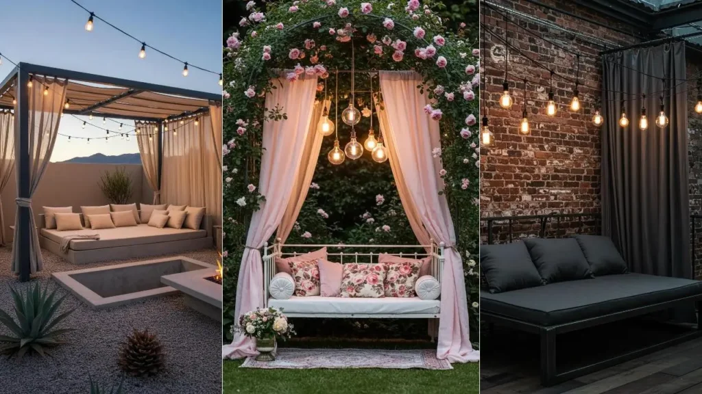 Three luxurious outdoor daybeds, each with sheer curtains and hanging Edison globes for a cozy ambiance.