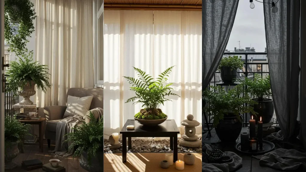 Urban balcony garden oasis with elegant linen drapes, vibrant fern planters, and tranquil candle decor.