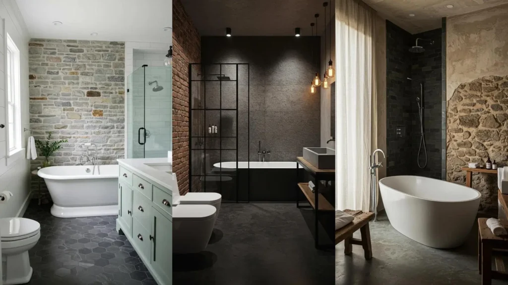 Three spa-like bathrooms featuring freestanding tubs, rainfall showers, and natural stone walls for a relaxing retreat.