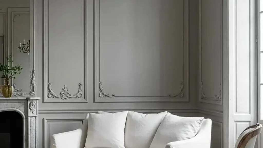 Subtle neutral living room with taupe walls, decorative molding, and a comfy linen slipcover sofa.