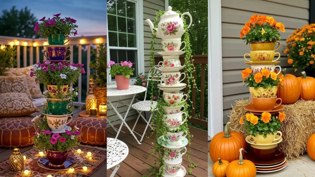 DIY teacup tower planters featuring stacked vintage china and colorful blooms for charming outdoor decor.