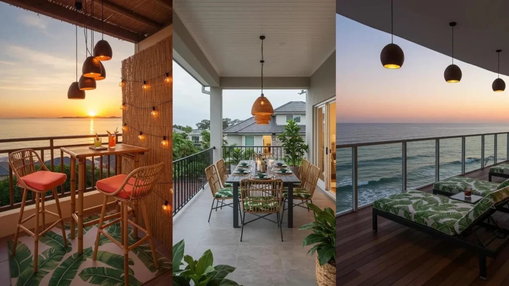 Stunning tropical balconies with banana leaf prints, rattan lounge chairs, and coconut pendant lights.