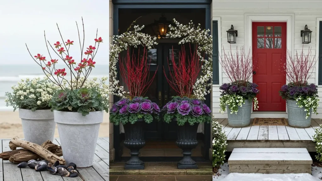 Three vibrant winter container displays with purple kale, red dogwood branches, and white snowberry at home entrances.