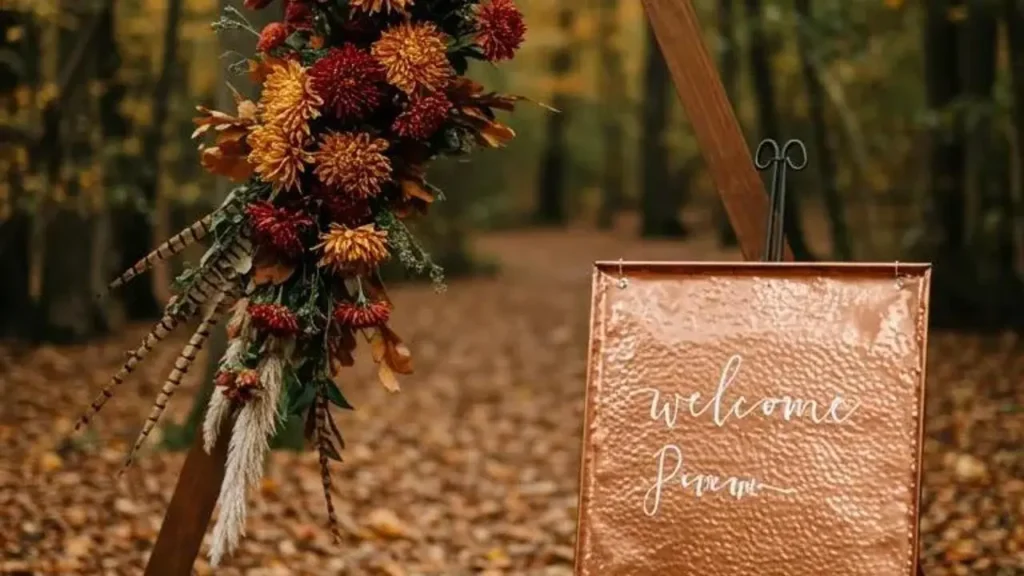 Whimsical copper wedding welcome sign on an arch, decorated with flower-filled fall blooms.