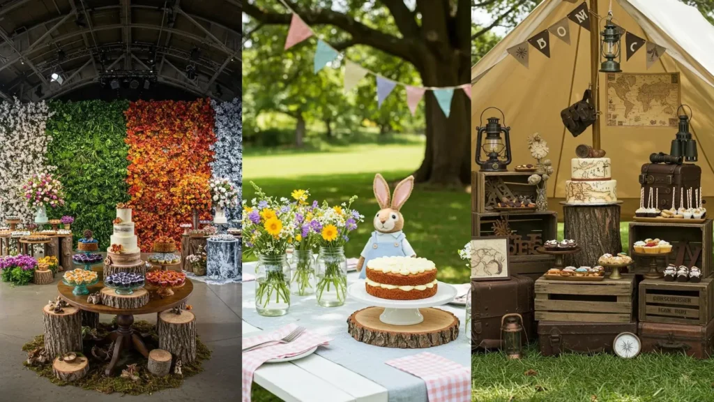 Whimsical woodland animal party decor with multiple cakes displayed on wooden log cake stands and rustic accents.
