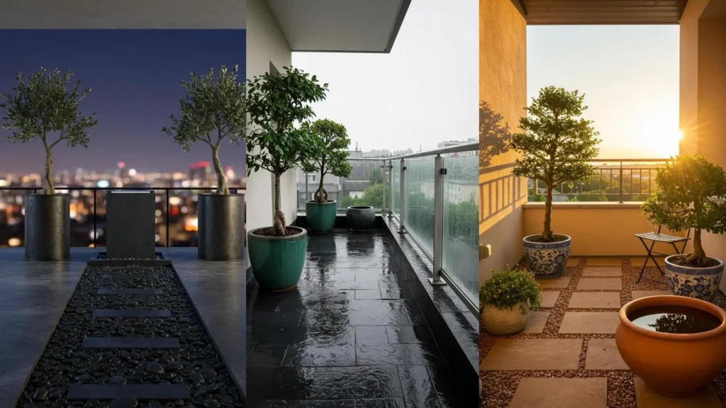 Three serene zen balcony gardens with stone paths, water bowls, and symmetrical bonsai trees.
